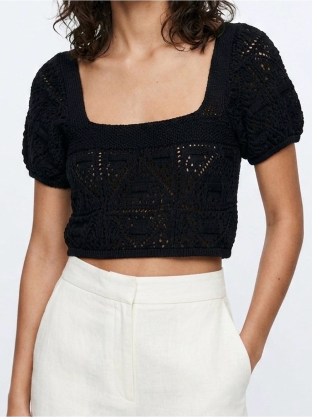 Zara Black Crochet Puff-Sleeve Square Neck Crop top size medium
